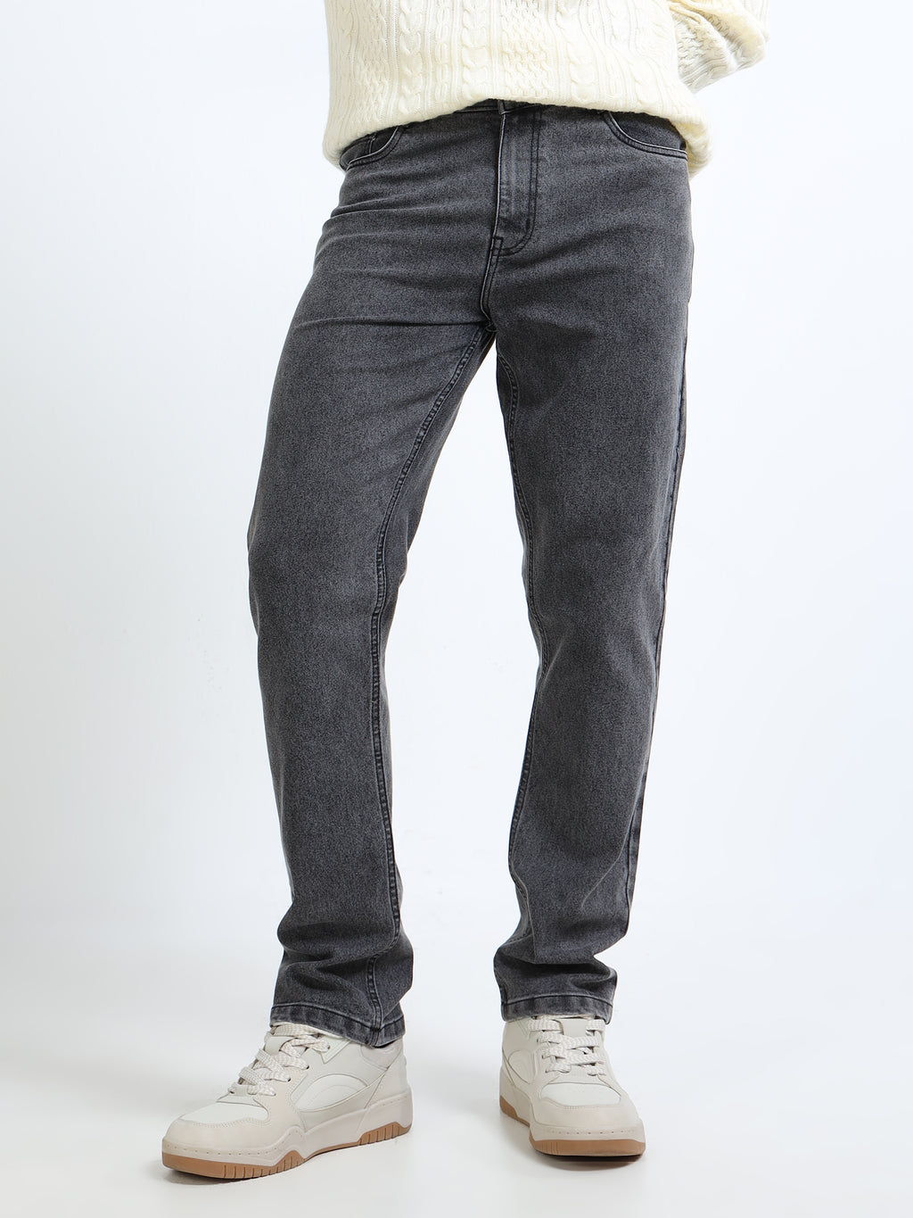 Men Charcoal Grey Straight Fit Heavy Fade Stretchable Jeans