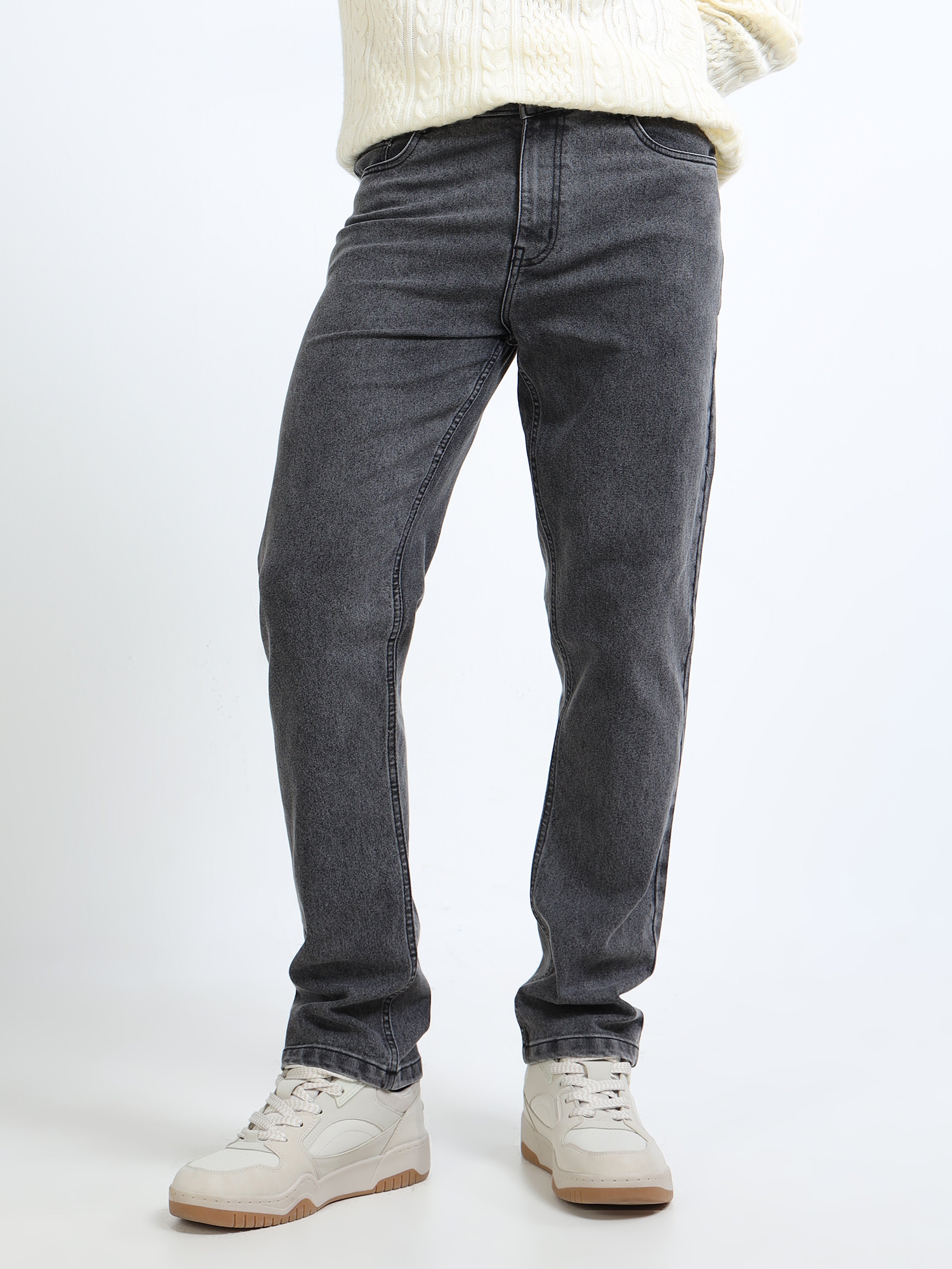 Men Charcoal Grey Straight Fit Heavy Fade Stretchable Jeans