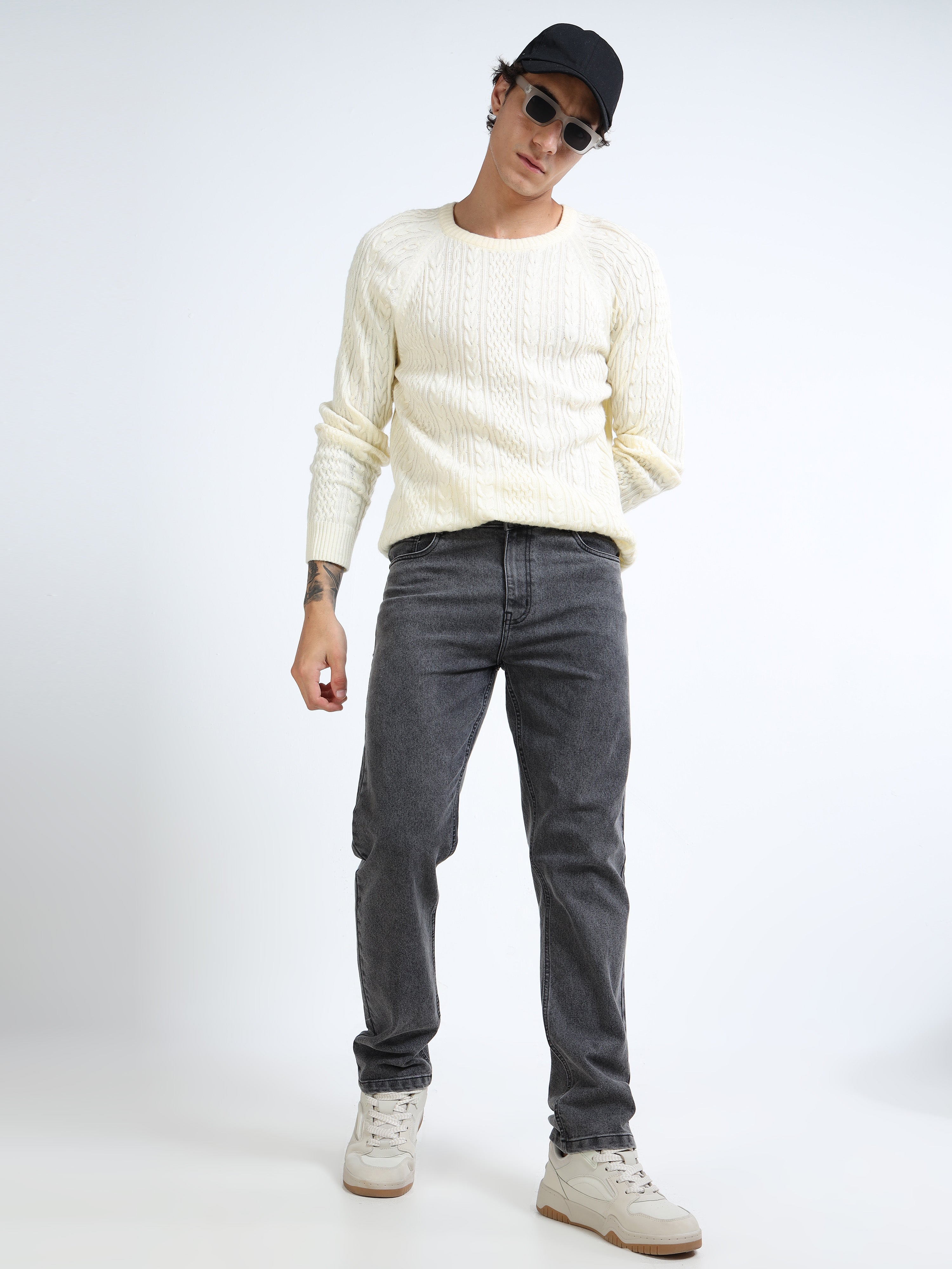 Men Charcoal Grey Straight Fit Heavy Fade Stretchable Jeans