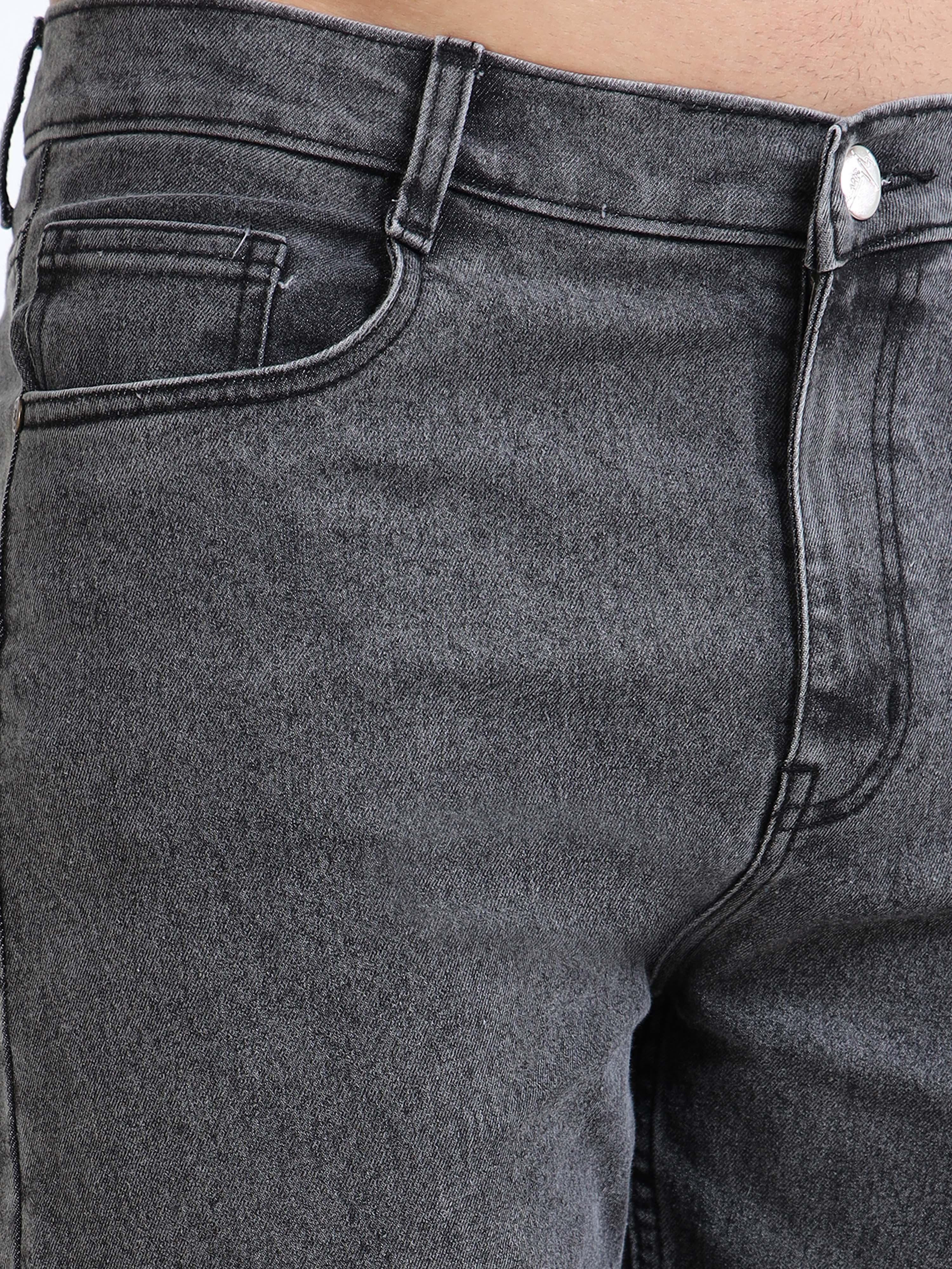 Men Charcoal Grey Straight Fit Heavy Fade Stretchable Jeans