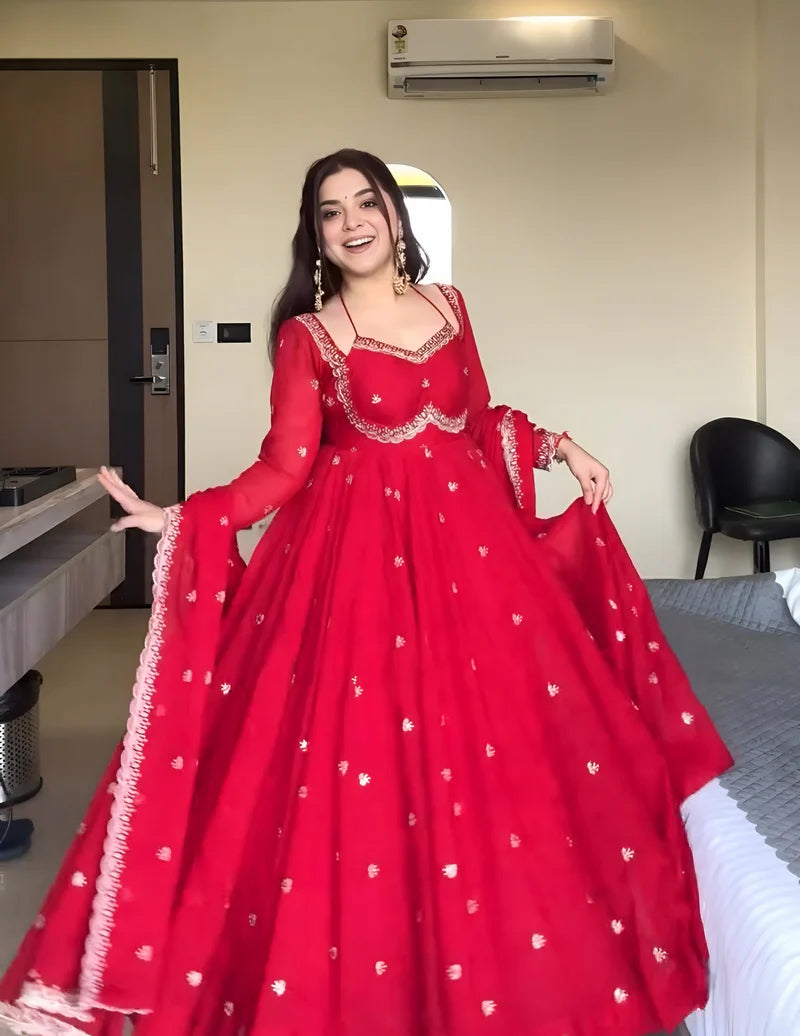 Red Color Faux Georgette Fabric Thread With Sequence Work Anarkali Suit