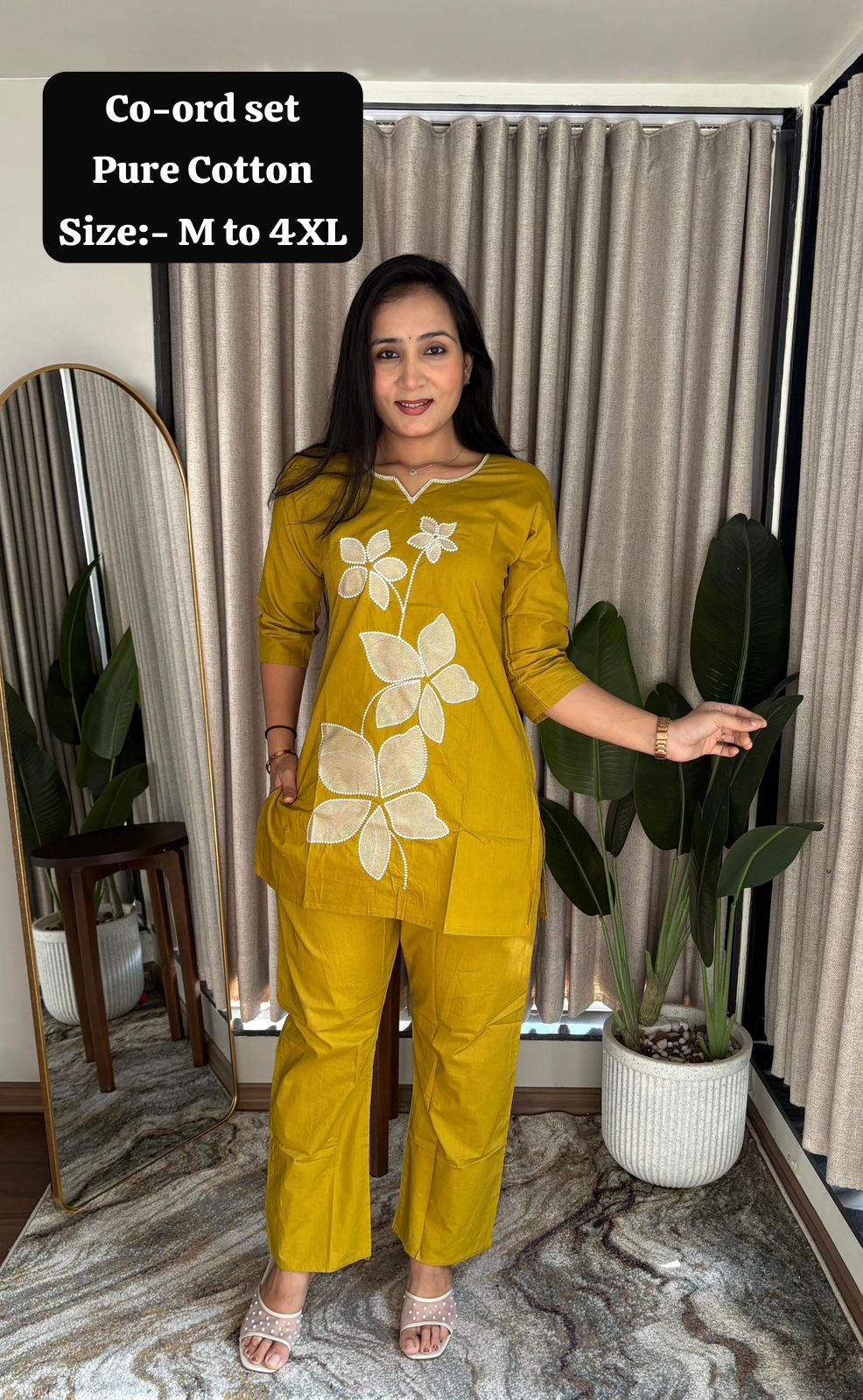 Pure Cotton Mustard Embroidered Kurta With Pant Co-ords Set