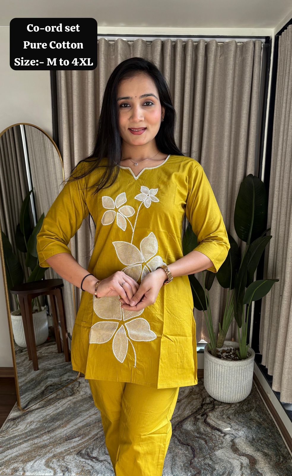 Pure Cotton Mustard Embroidered Kurta With Pant Co-ords Set