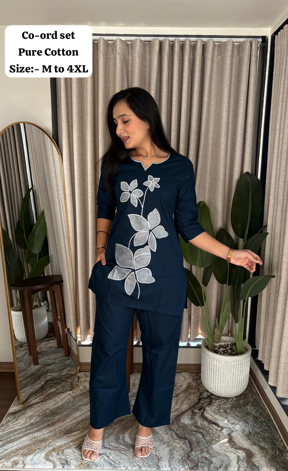 Pure Cotton Teal Embroidered Kurta With Pant Co-ords Set