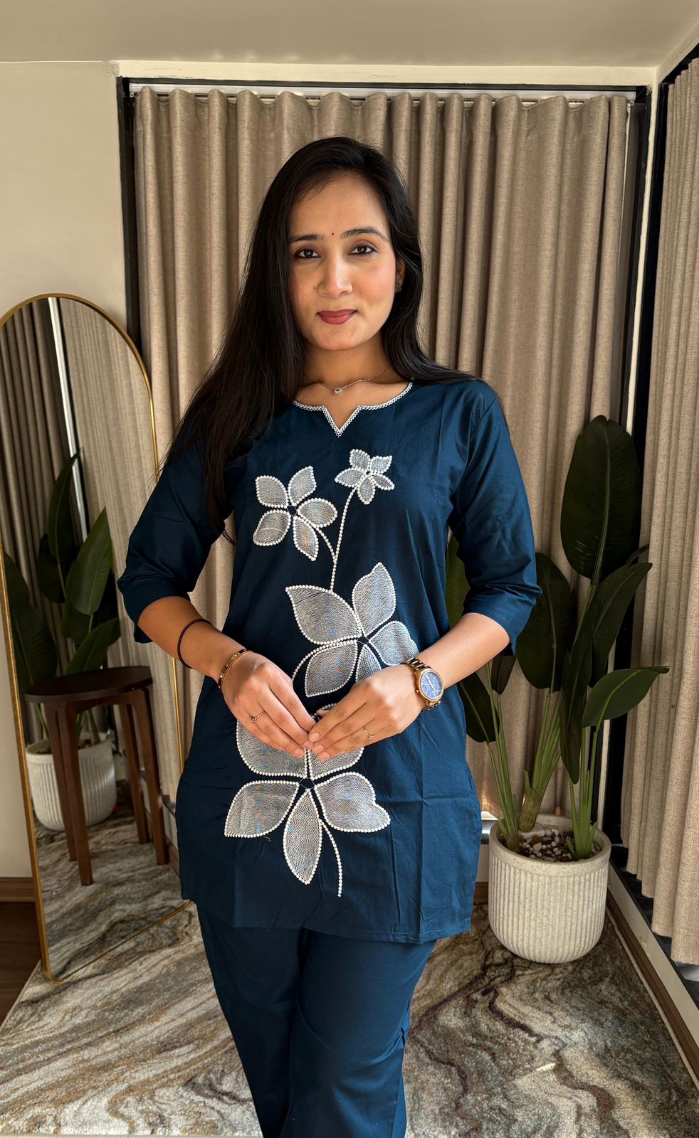 Pure Cotton Teal Embroidered Kurta With Pant Co-ords Set