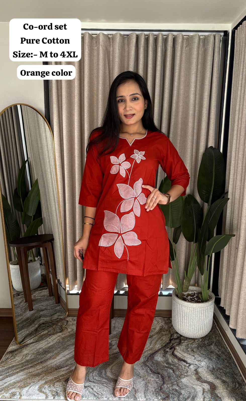 Pure Cotton Red Embroidered Kurta With Pant Co-ords Set