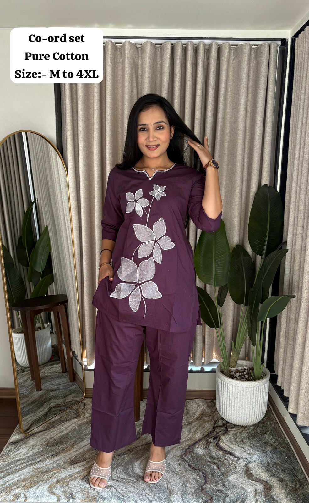 Pure Cotton Purple Embroidered Kurta With Pant Co-ords Set