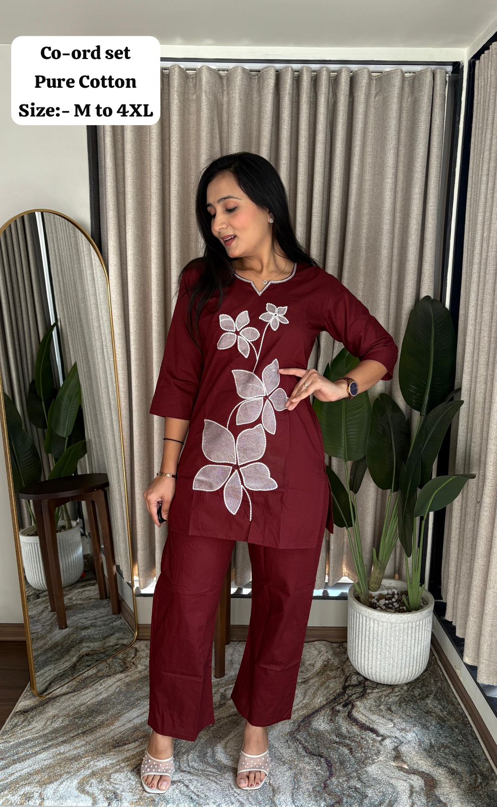 Pure Cotton Maroon Embroidered Kurta With Pant Co-ords Set