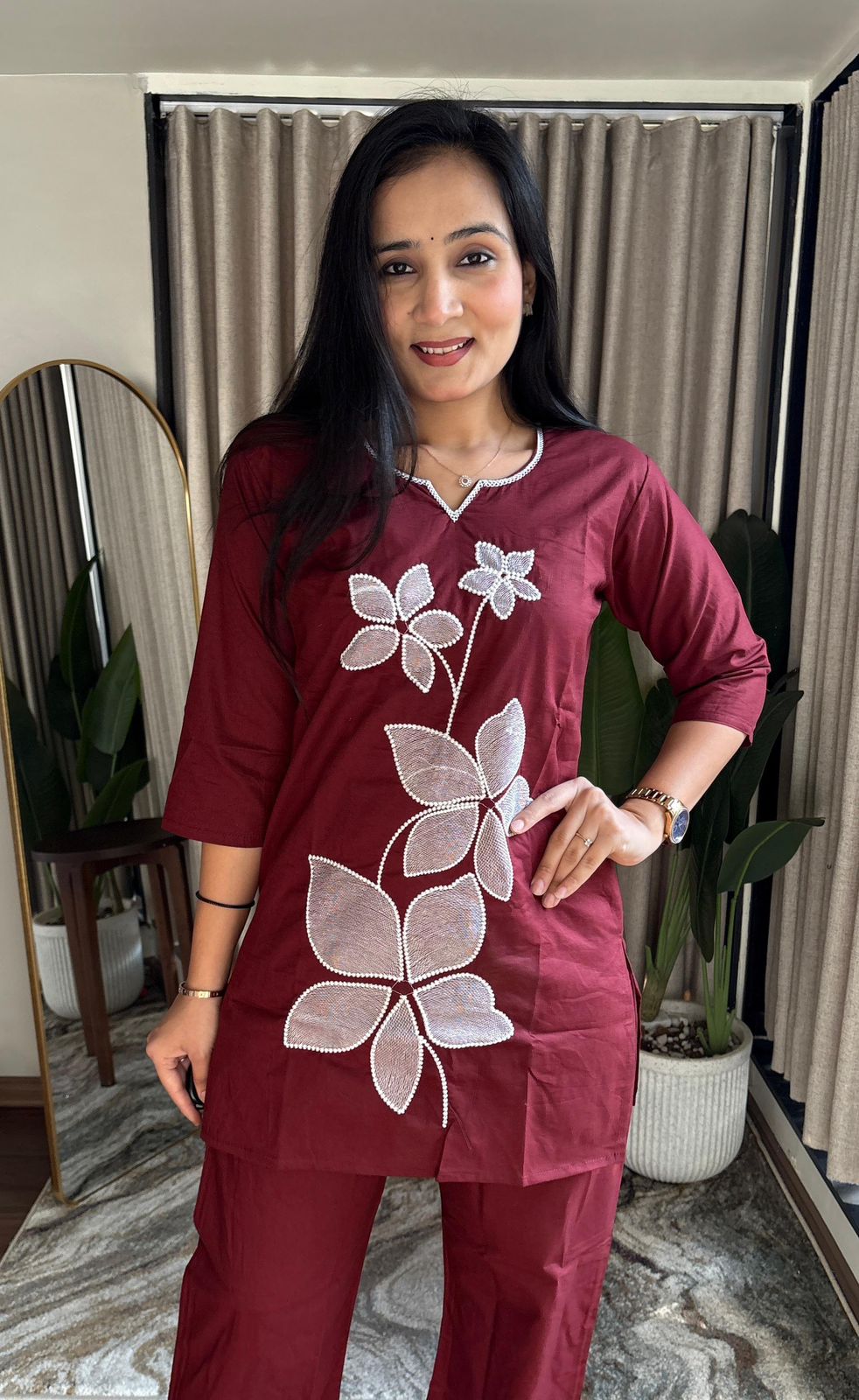 Pure Cotton Maroon Embroidered Kurta With Pant Co-ords Set