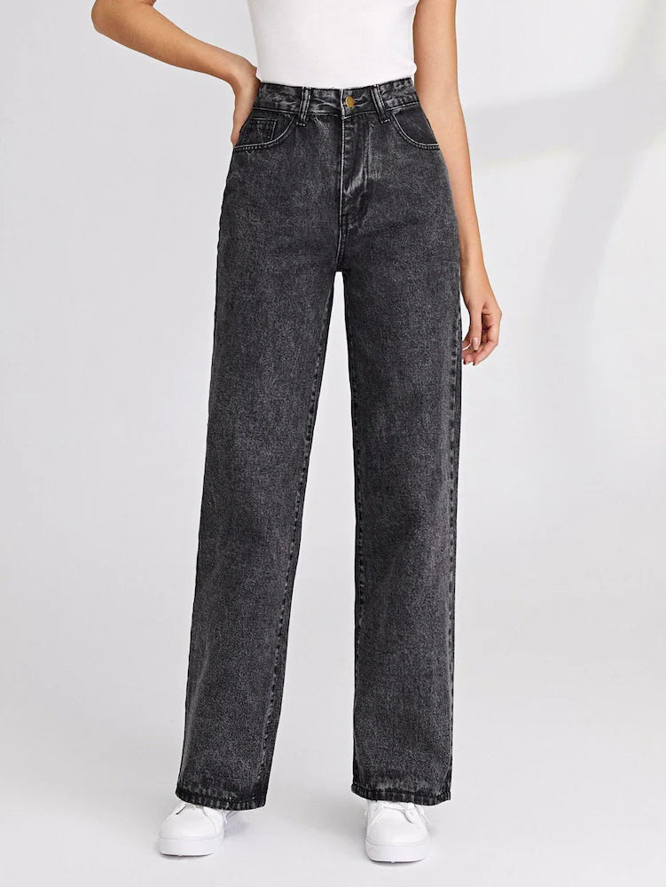 Women Grey Wide Leg Stretchable Straight Fit Mid-Rise Jean