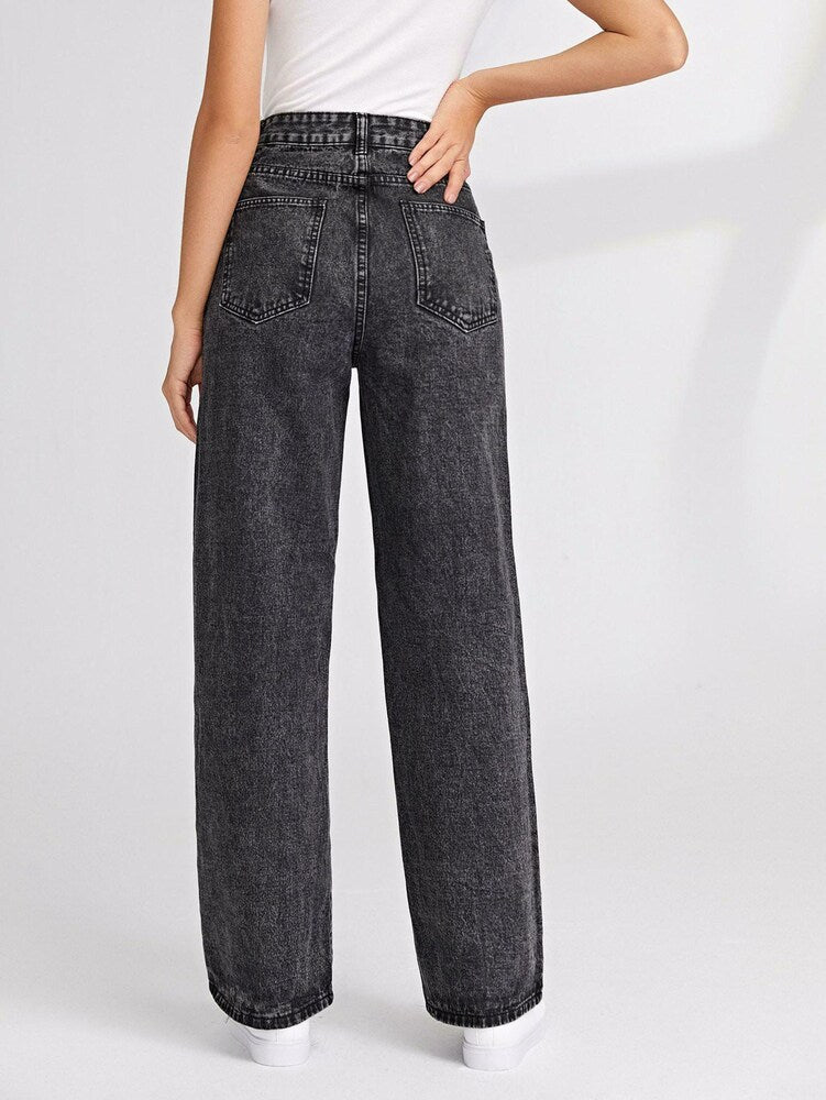 Women Grey Wide Leg Stretchable Straight Fit Mid-Rise Jean