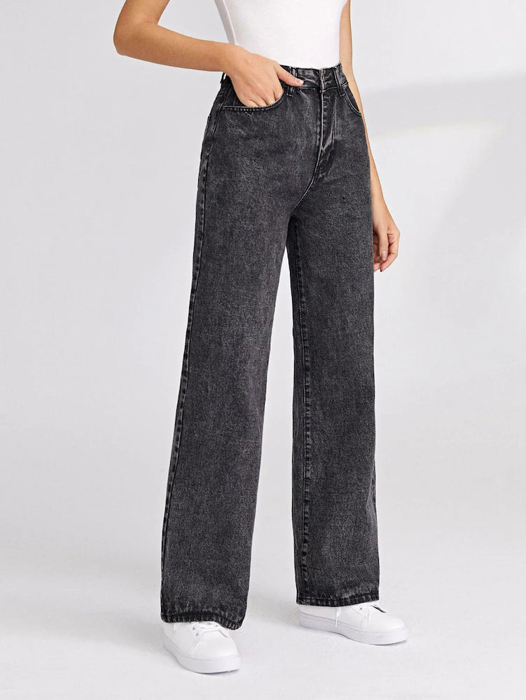 Women Grey Wide Leg Stretchable Straight Fit Mid-Rise Jean