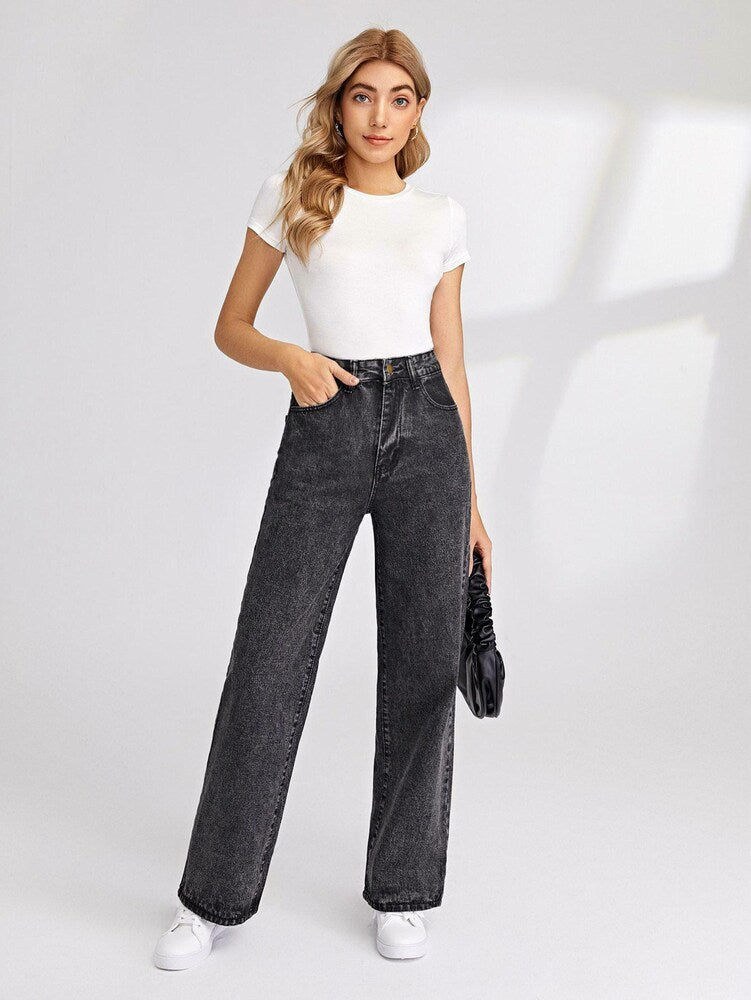 Women Grey Wide Leg Stretchable Straight Fit Mid-Rise Jean