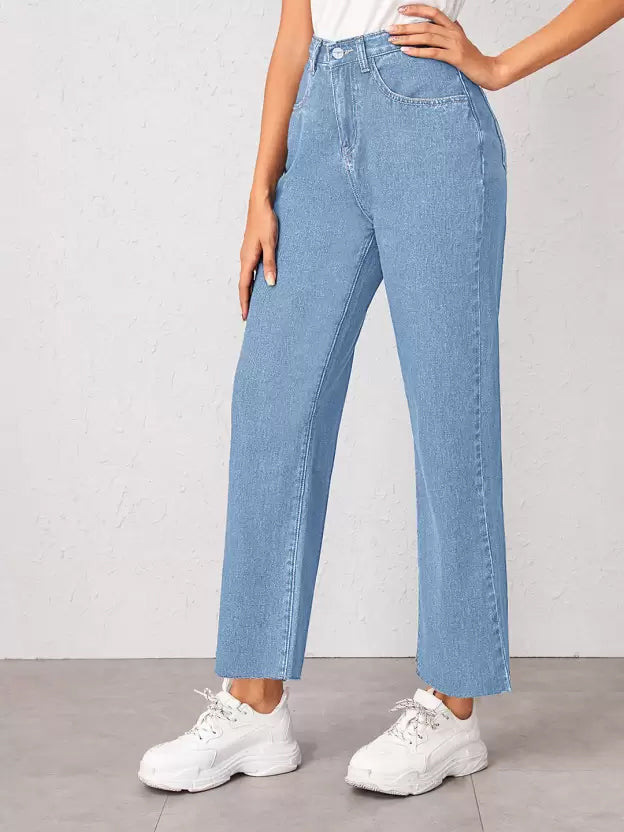 Women Straight Fit Mid-Rise Stretchable Ice Blue Jeans