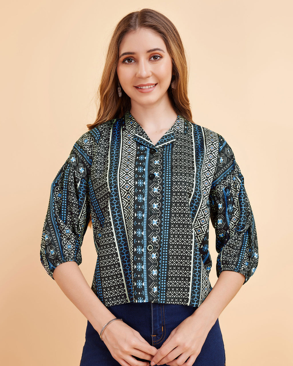 Women Blue Ethnic Print Puff Sleeve Button-Down Top