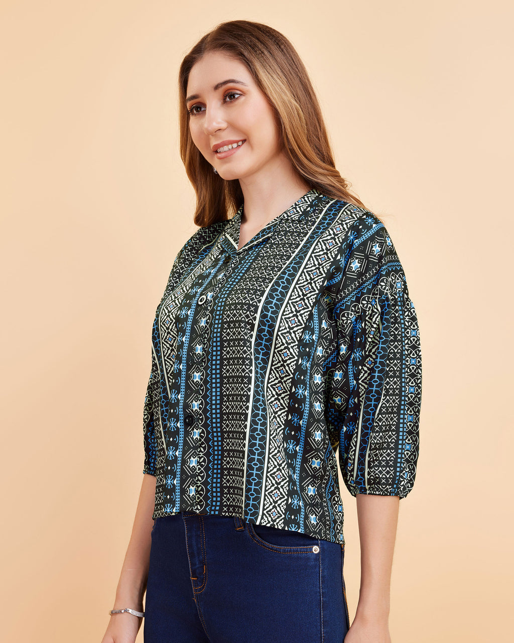 Women Blue Ethnic Print Puff Sleeve Button-Down Top