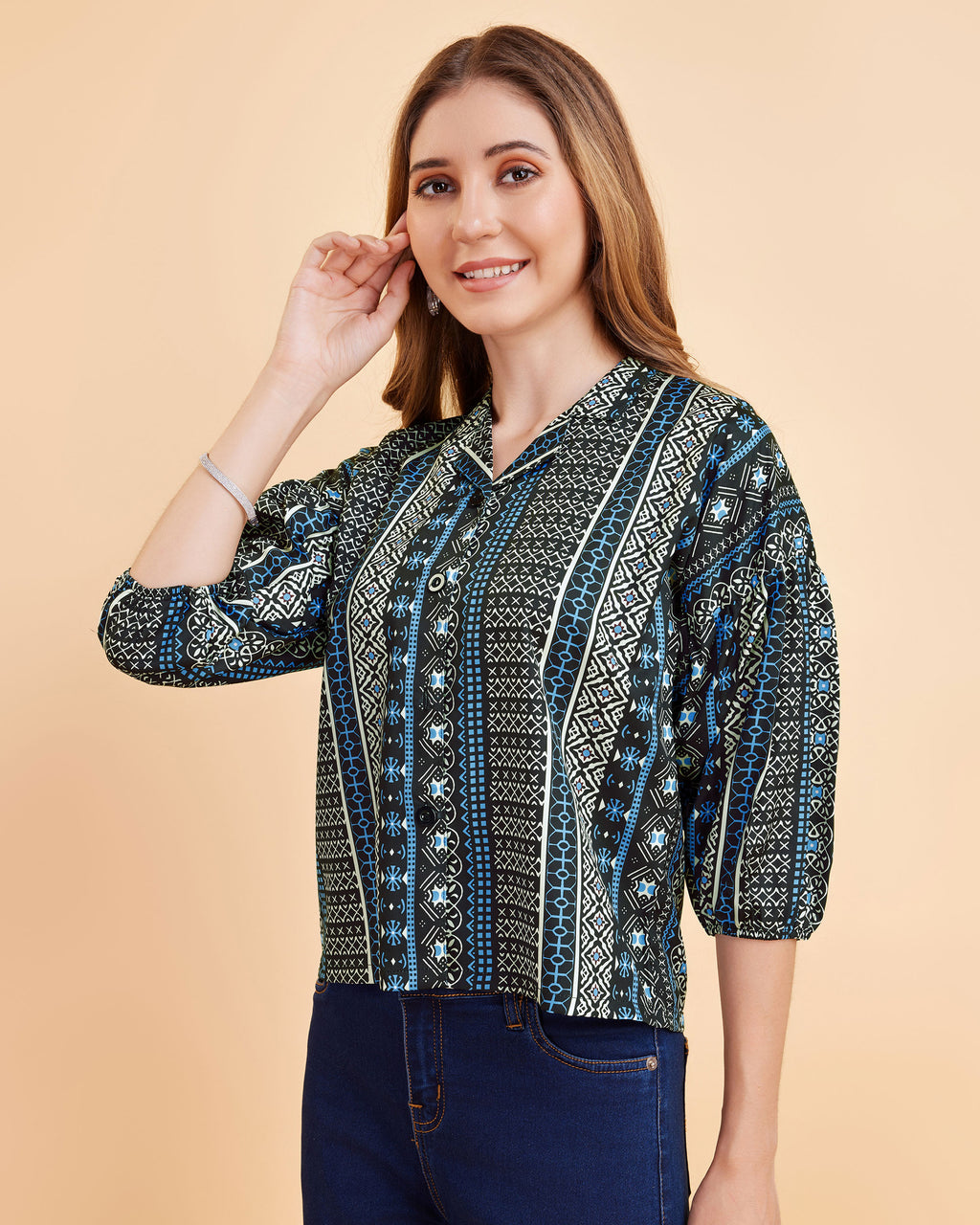 Women Blue Ethnic Print Puff Sleeve Button-Down Top
