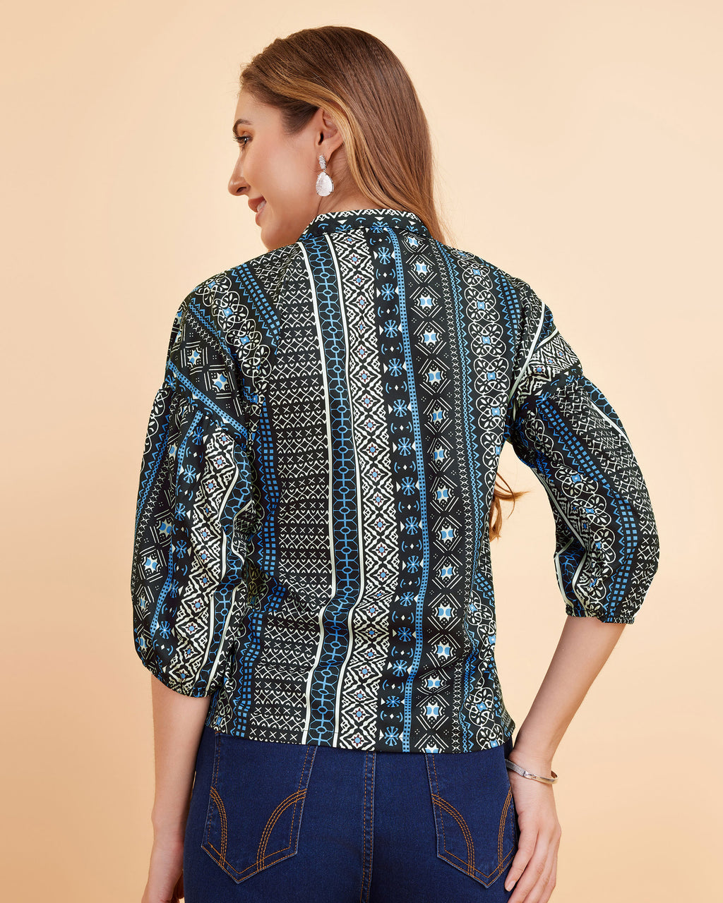 Women Blue Ethnic Print Puff Sleeve Button-Down Top