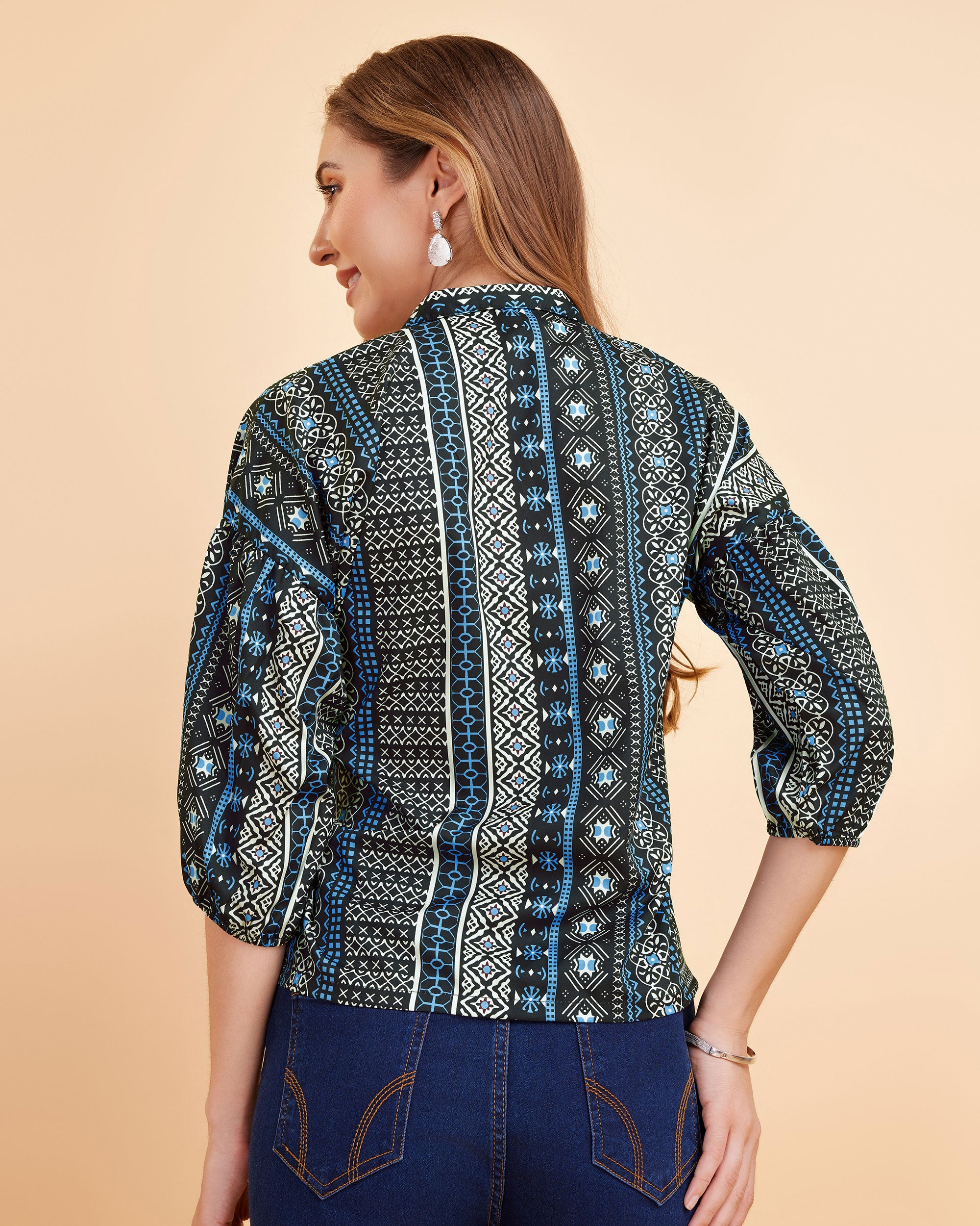 Women Blue Ethnic Print Puff Sleeve Button-Down Top