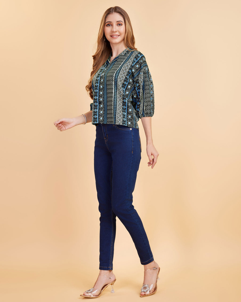 Women Blue Ethnic Print Puff Sleeve Button-Down Top