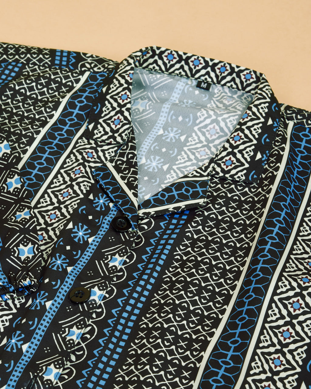 Women Blue Ethnic Print Puff Sleeve Button-Down Top