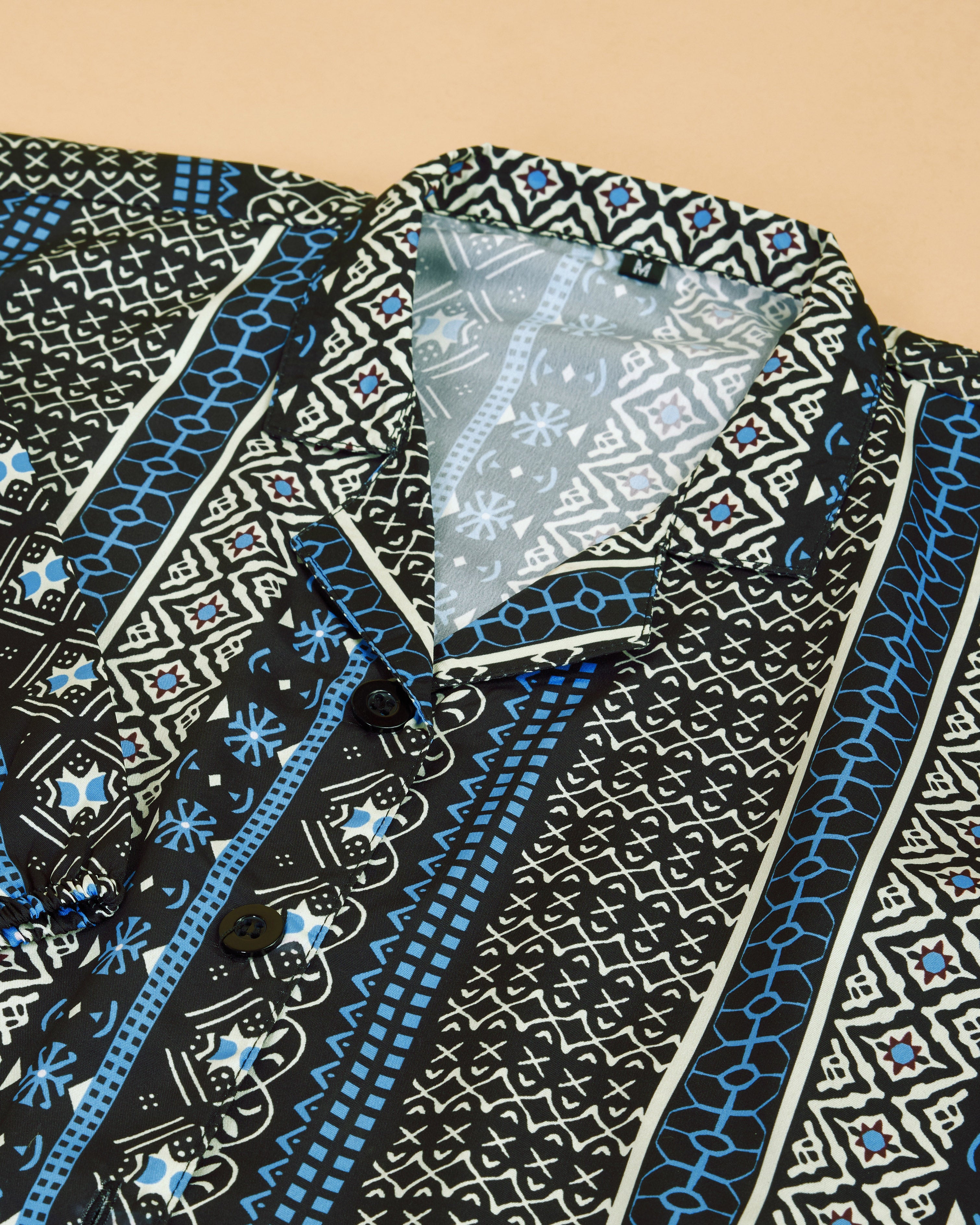 Women Blue Ethnic Print Puff Sleeve Button-Down Top