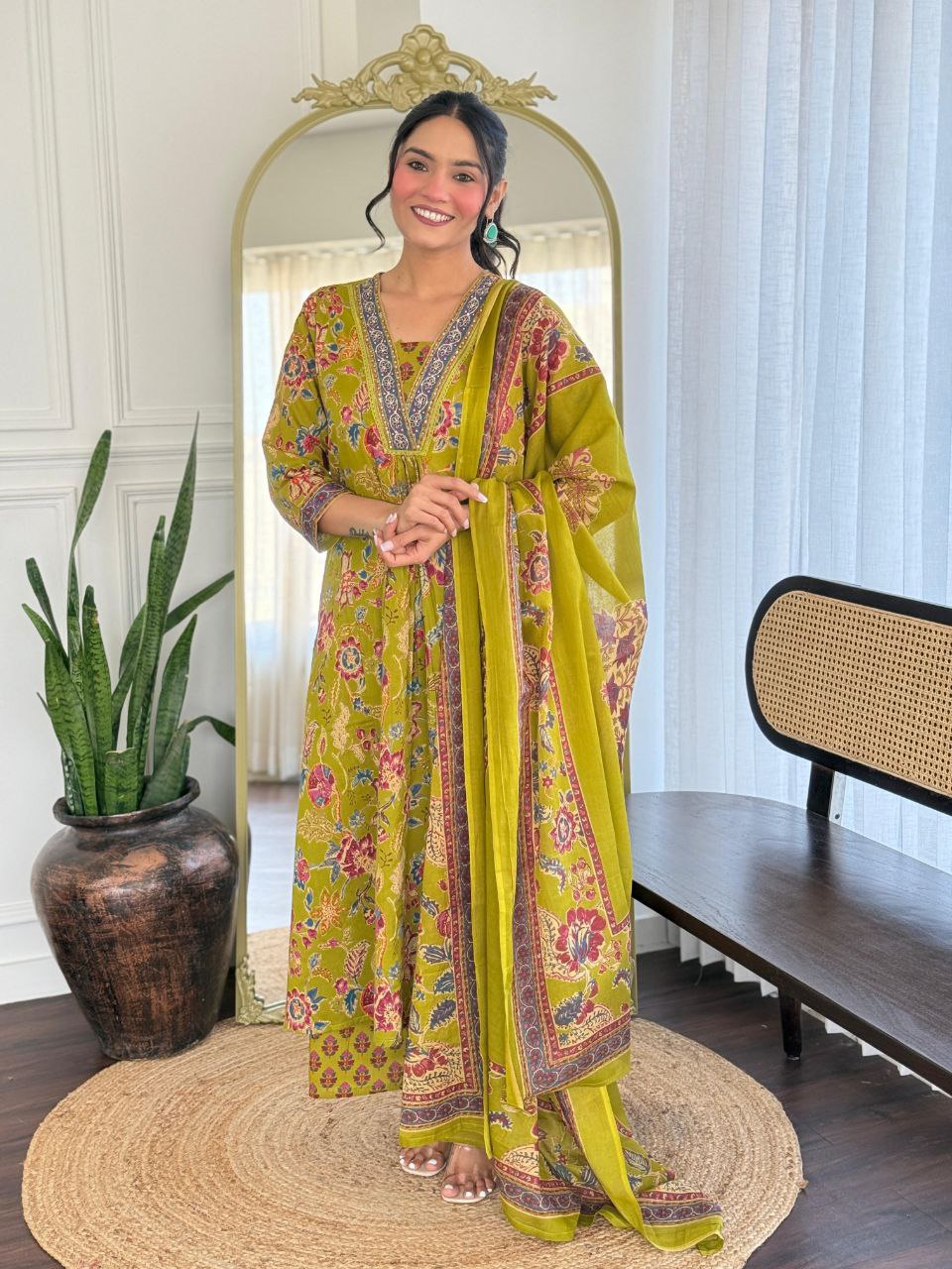 V-Neck Floral Green Cotton Kurti Pant Dupatta Set