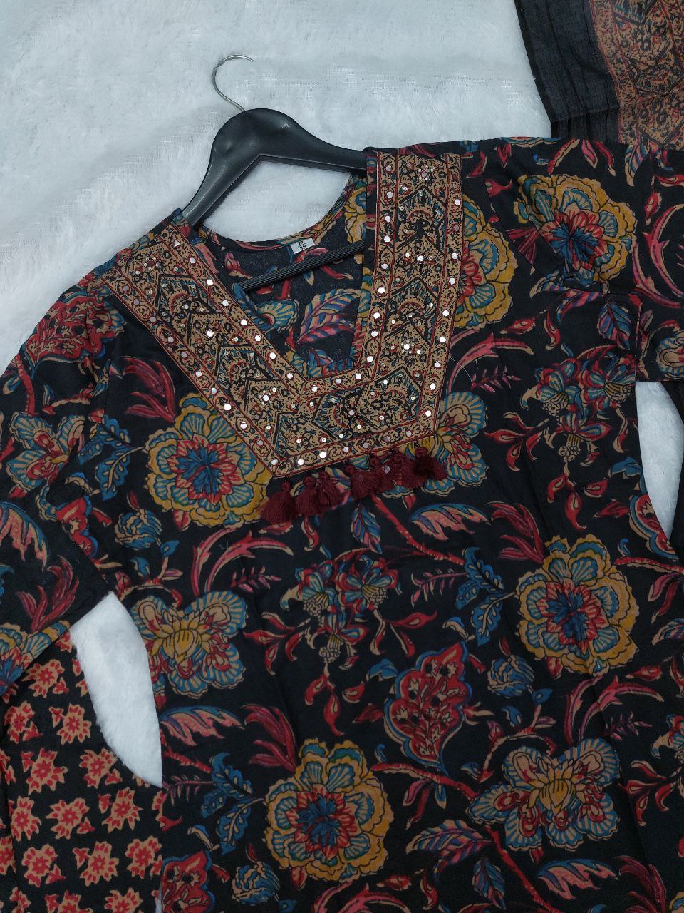 Designer Black Multi Cotton Kurti Pant Dupatta Set