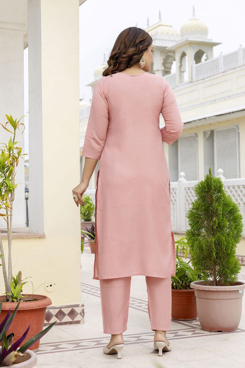 Premium Peach Cotton Silk Kurti Pant Dupatta Set