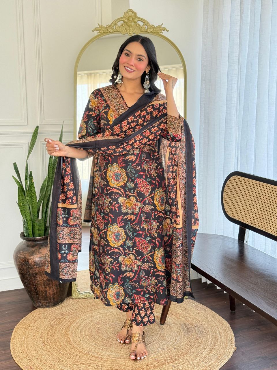 Designer Black Multi Cotton Kurti Pant Dupatta Set