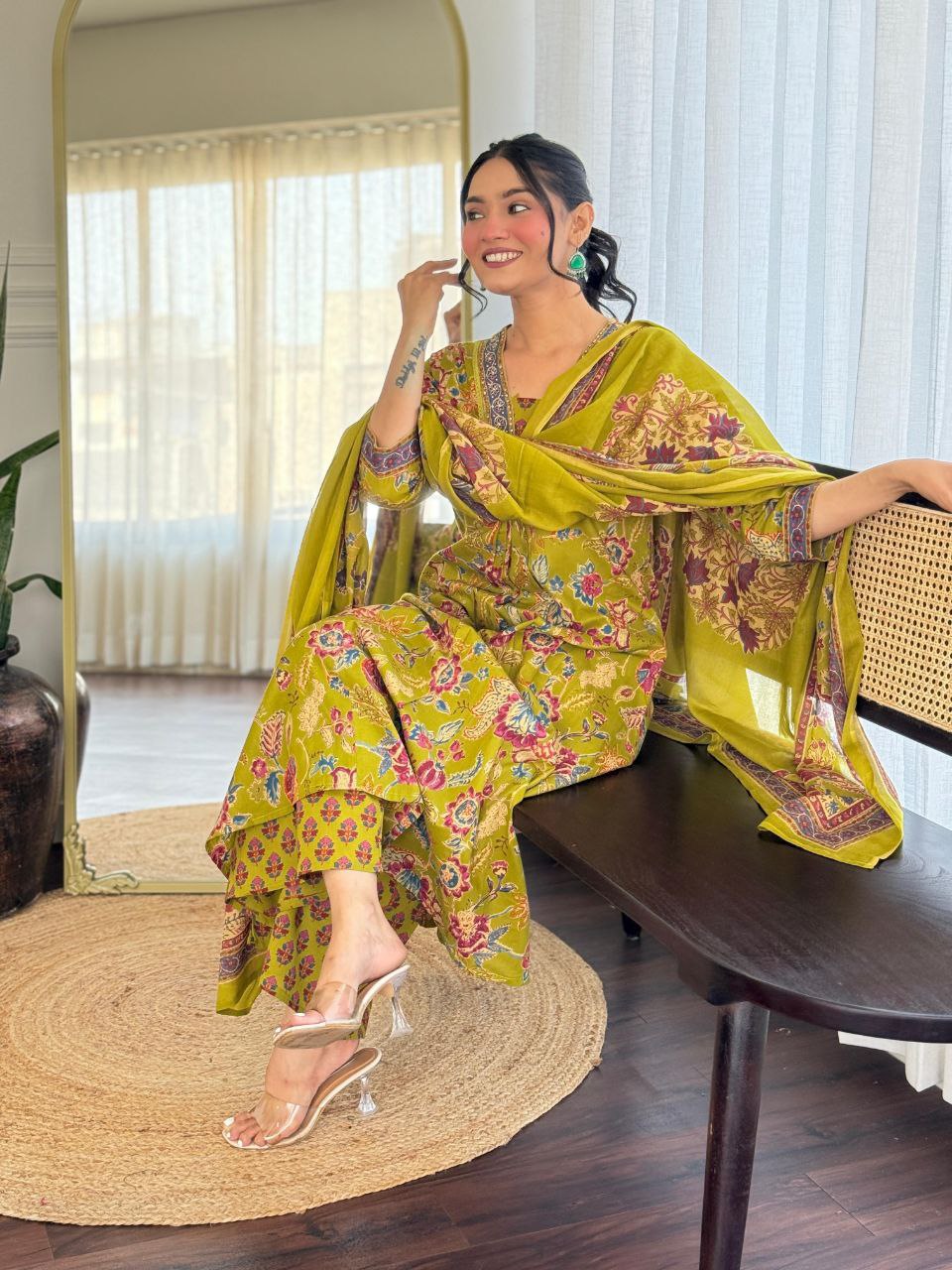 V-Neck Floral Green Cotton Kurti Pant Dupatta Set