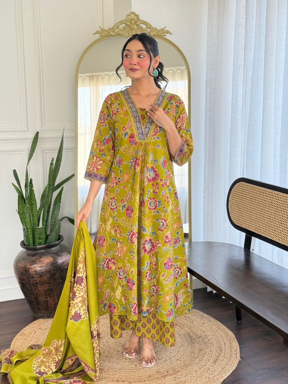 V-Neck Floral Green Cotton Kurti Pant Dupatta Set