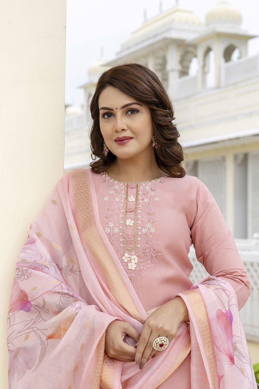 Premium Peach Cotton Silk Kurti Pant Dupatta Set