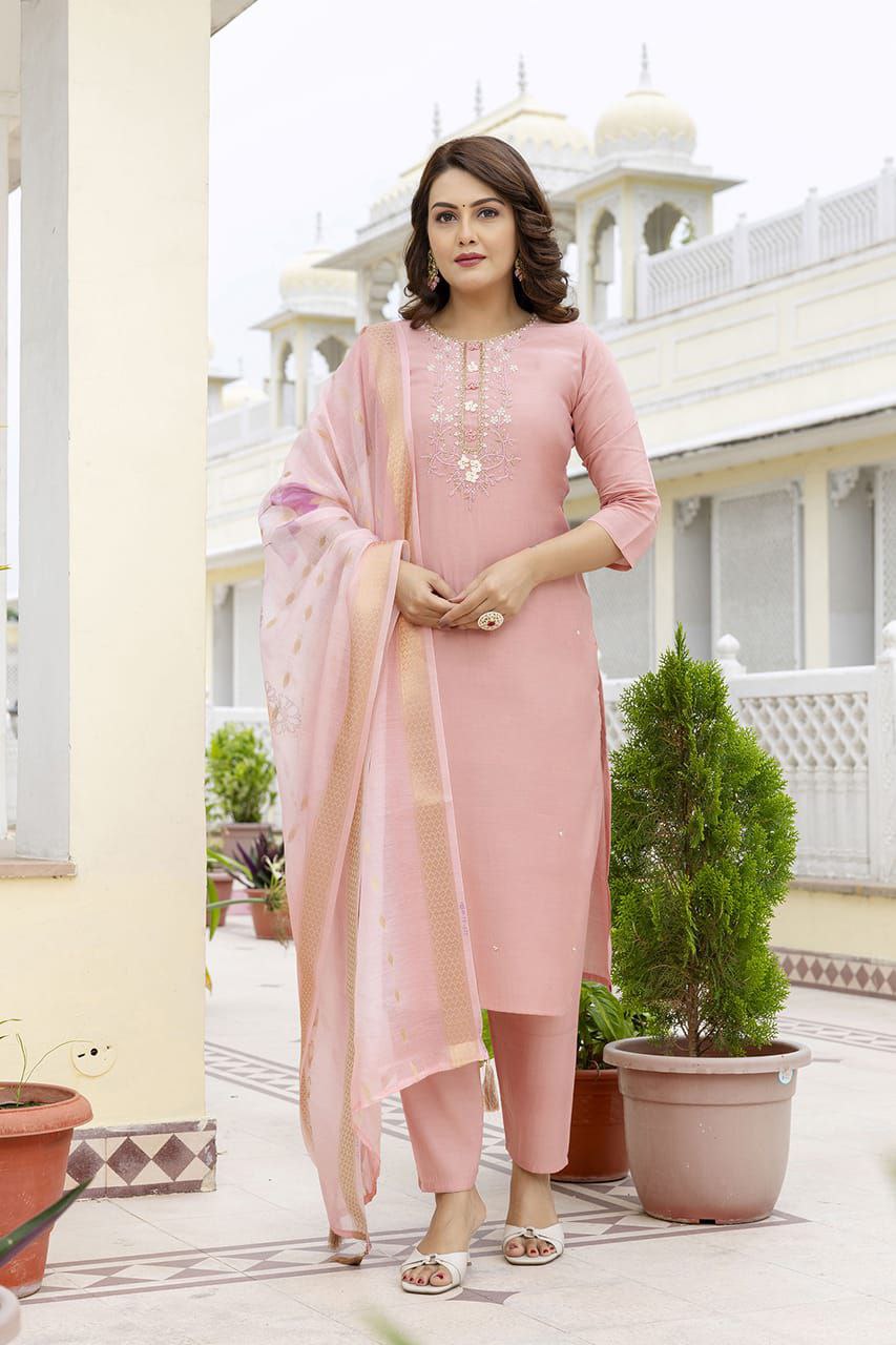 Premium Peach Cotton Silk Kurti Pant Dupatta Set