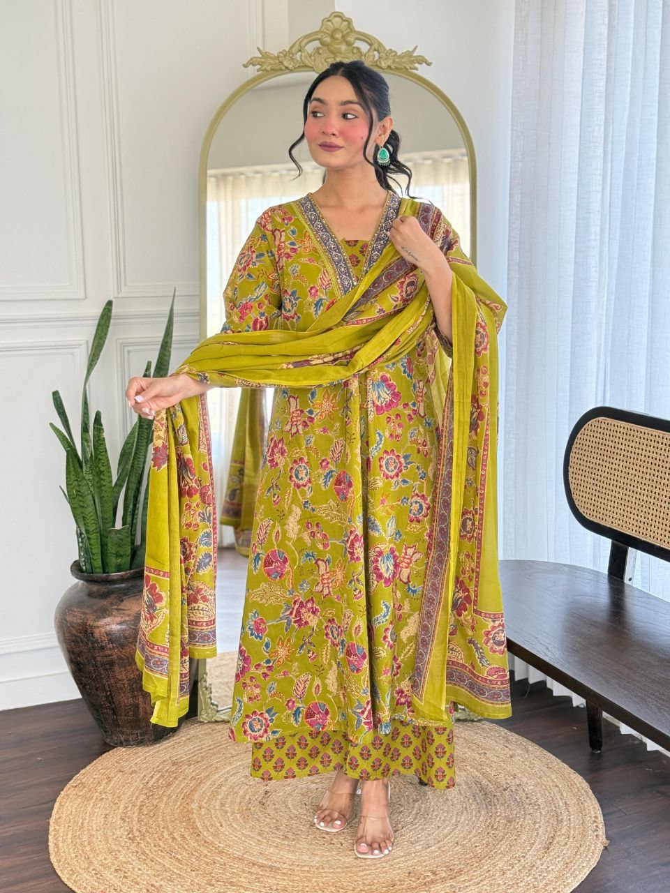 V-Neck Floral Green Cotton Kurti Pant Dupatta Set