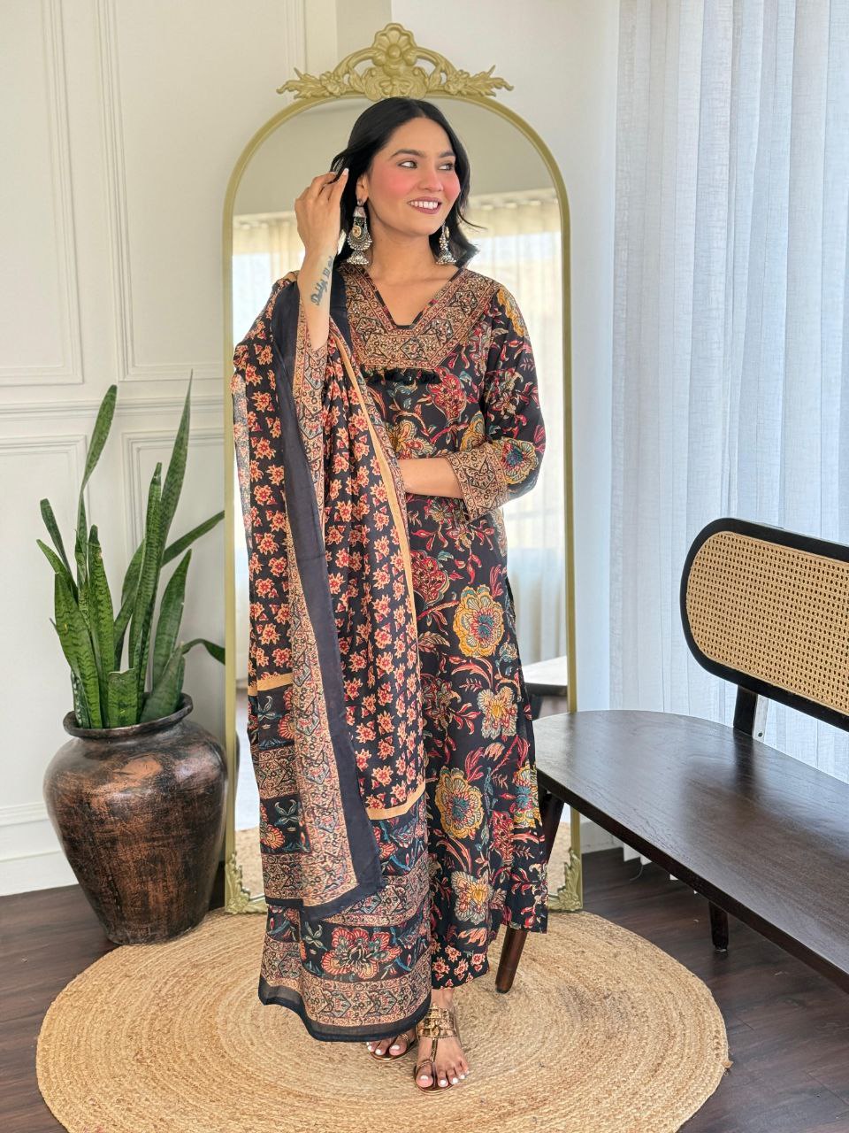 Designer Black Multi Cotton Kurti Pant Dupatta Set