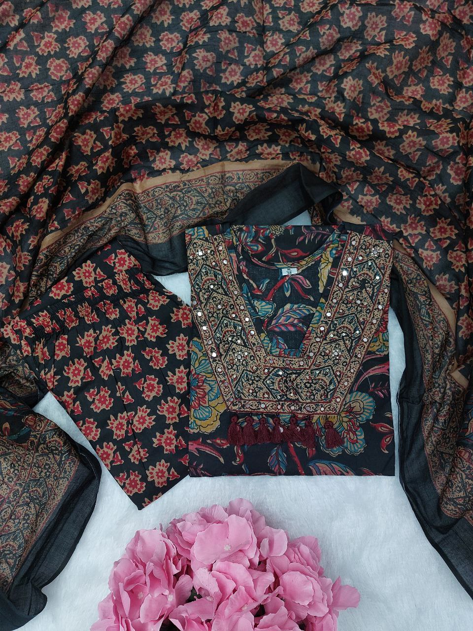 Designer Black Multi Cotton Kurti Pant Dupatta Set