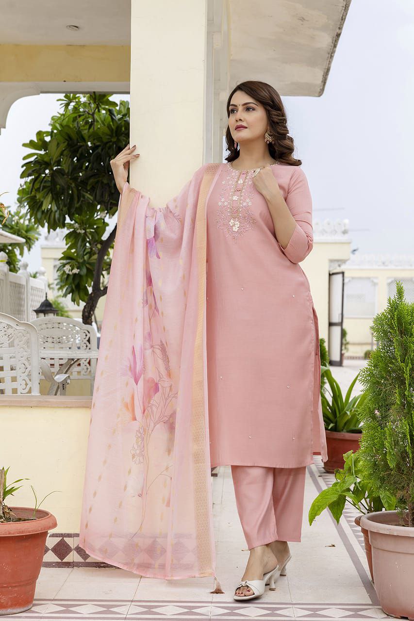 Premium Peach Cotton Silk Kurti Pant Dupatta Set