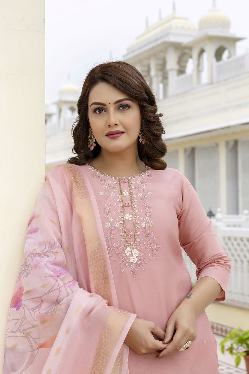 Premium Peach Cotton Silk Kurti Pant Dupatta Set