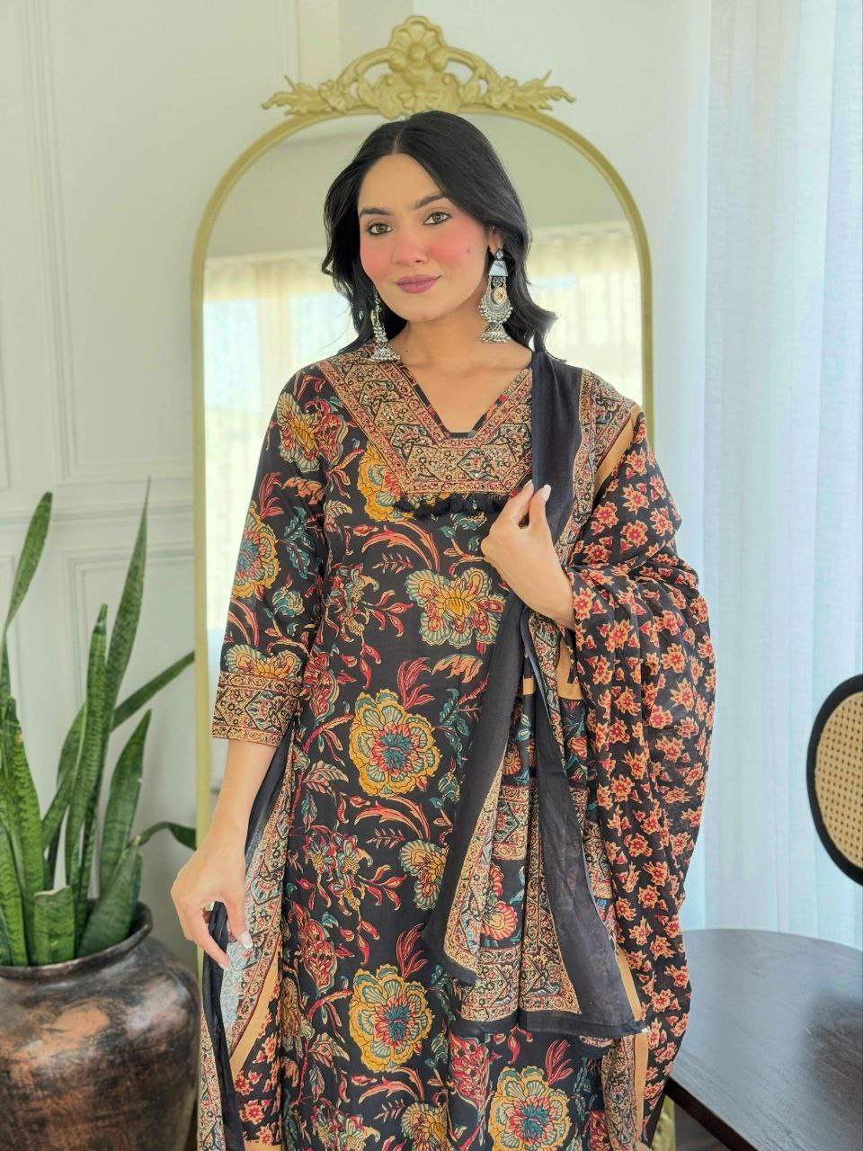 Designer Black Multi Cotton Kurti Pant Dupatta Set