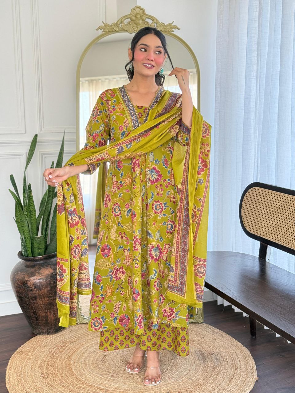 V-Neck Floral Green Cotton Kurti Pant Dupatta Set