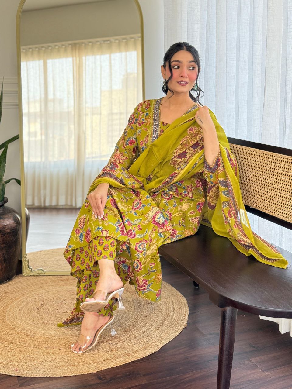 V-Neck Floral Green Cotton Kurti Pant Dupatta Set