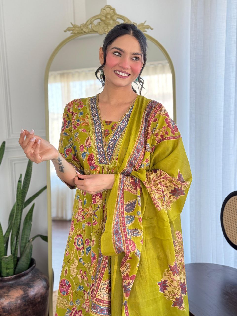 V-Neck Floral Green Cotton Kurti Pant Dupatta Set