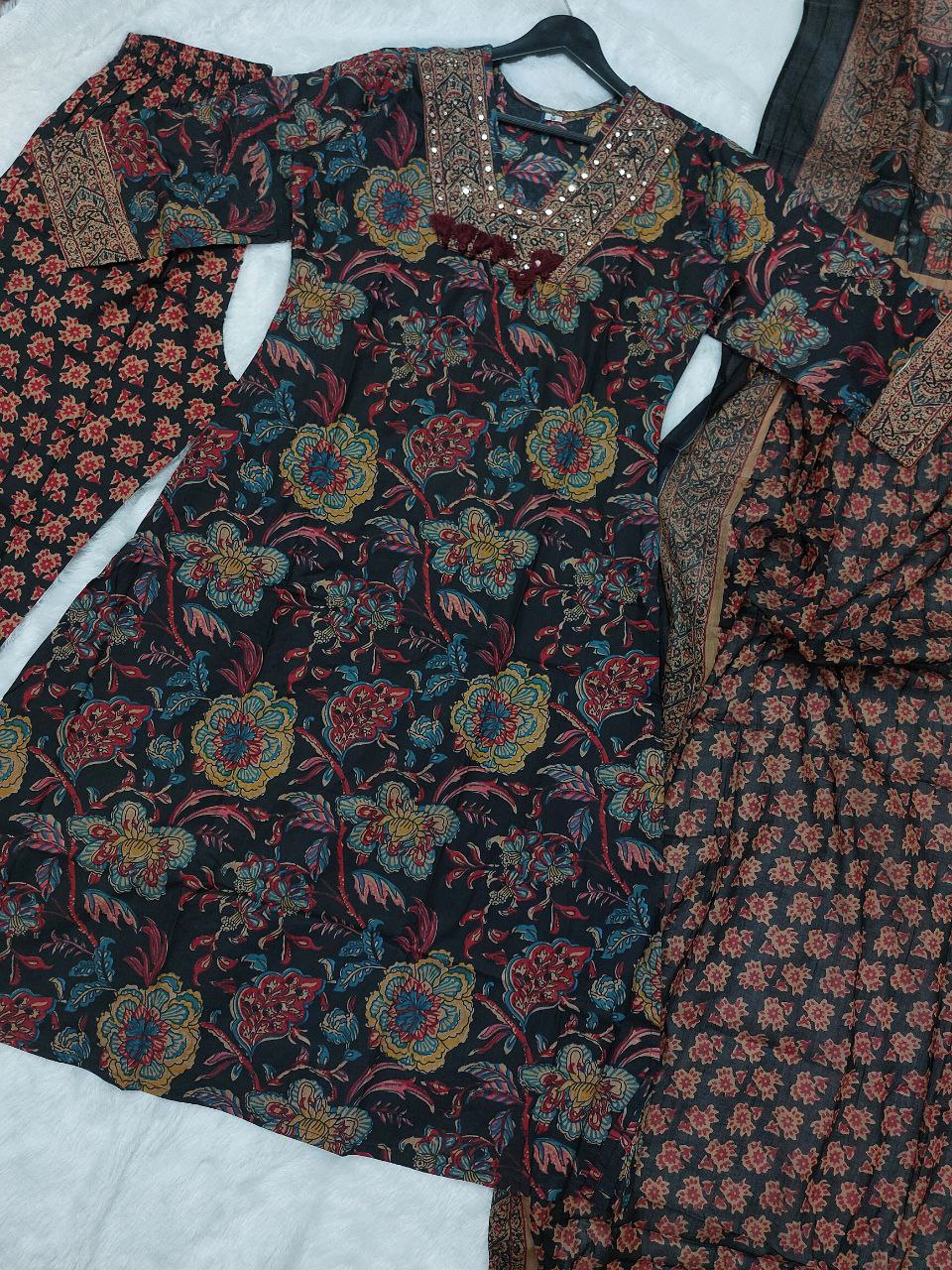 Designer Black Multi Cotton Kurti Pant Dupatta Set