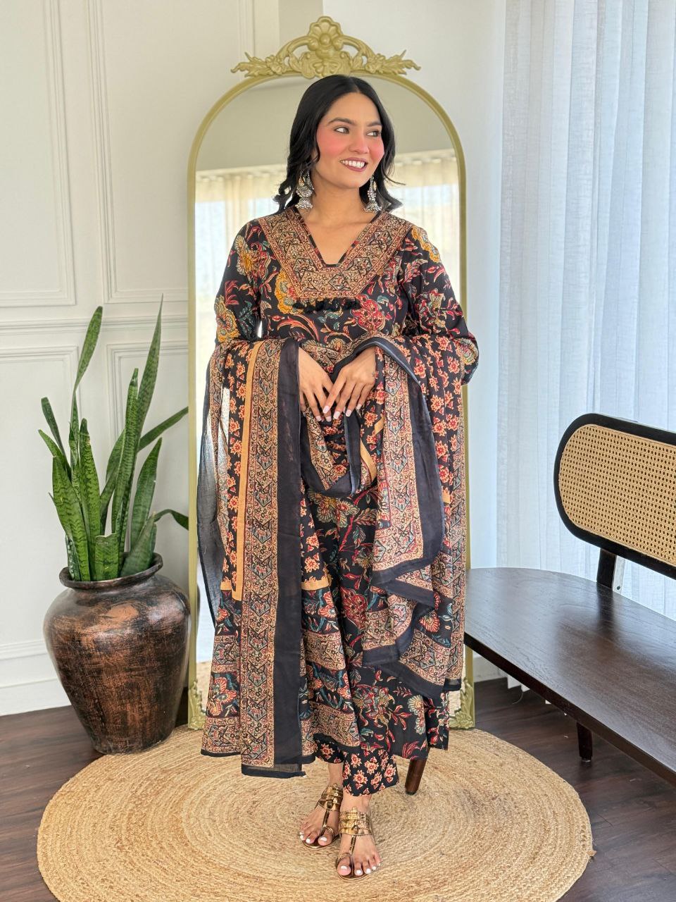 Designer Black Multi Cotton Kurti Pant Dupatta Set