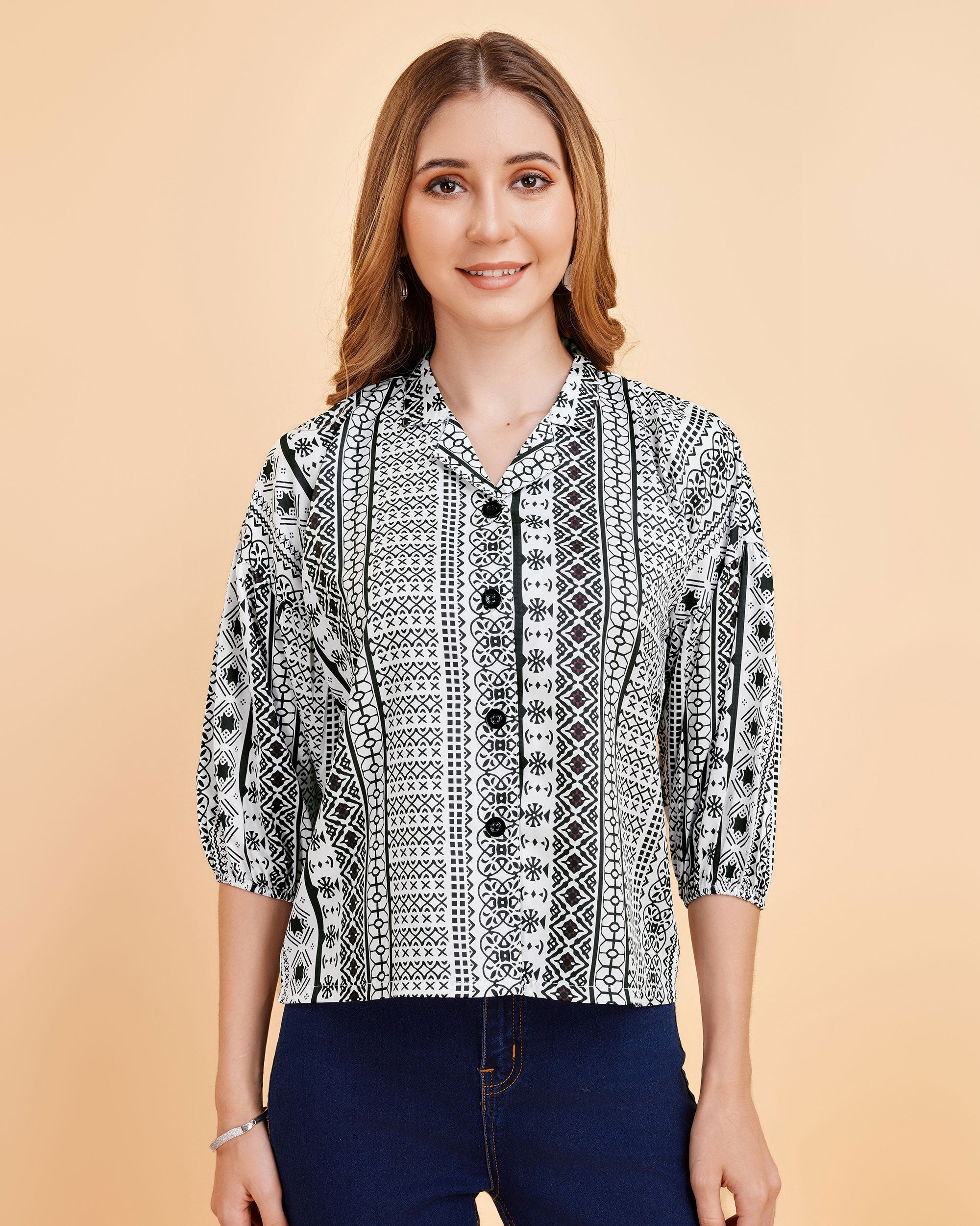 Women White Ethnic Print Puff Sleeve Button-Down Top