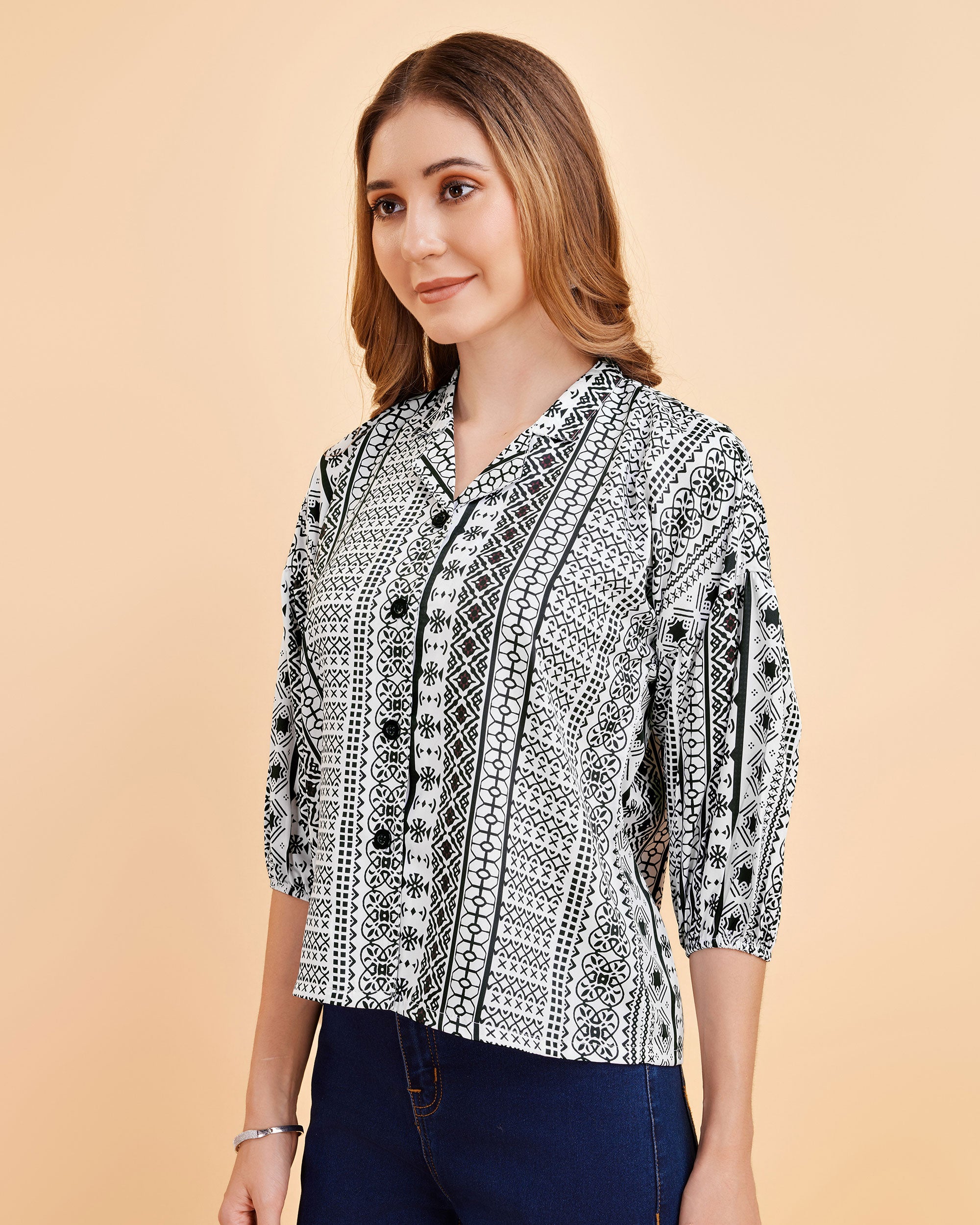 Women White Ethnic Print Puff Sleeve Button-Down Top