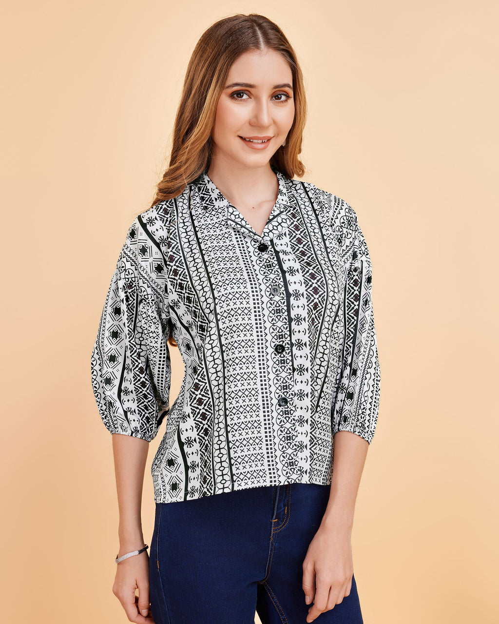 Women White Ethnic Print Puff Sleeve Button-Down Top