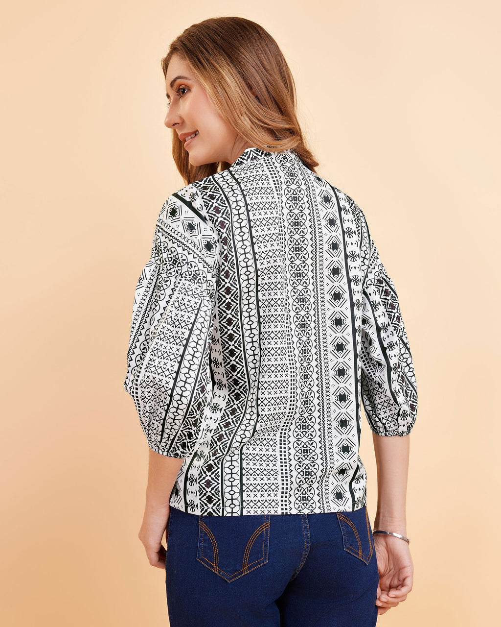 Women White Ethnic Print Puff Sleeve Button-Down Top