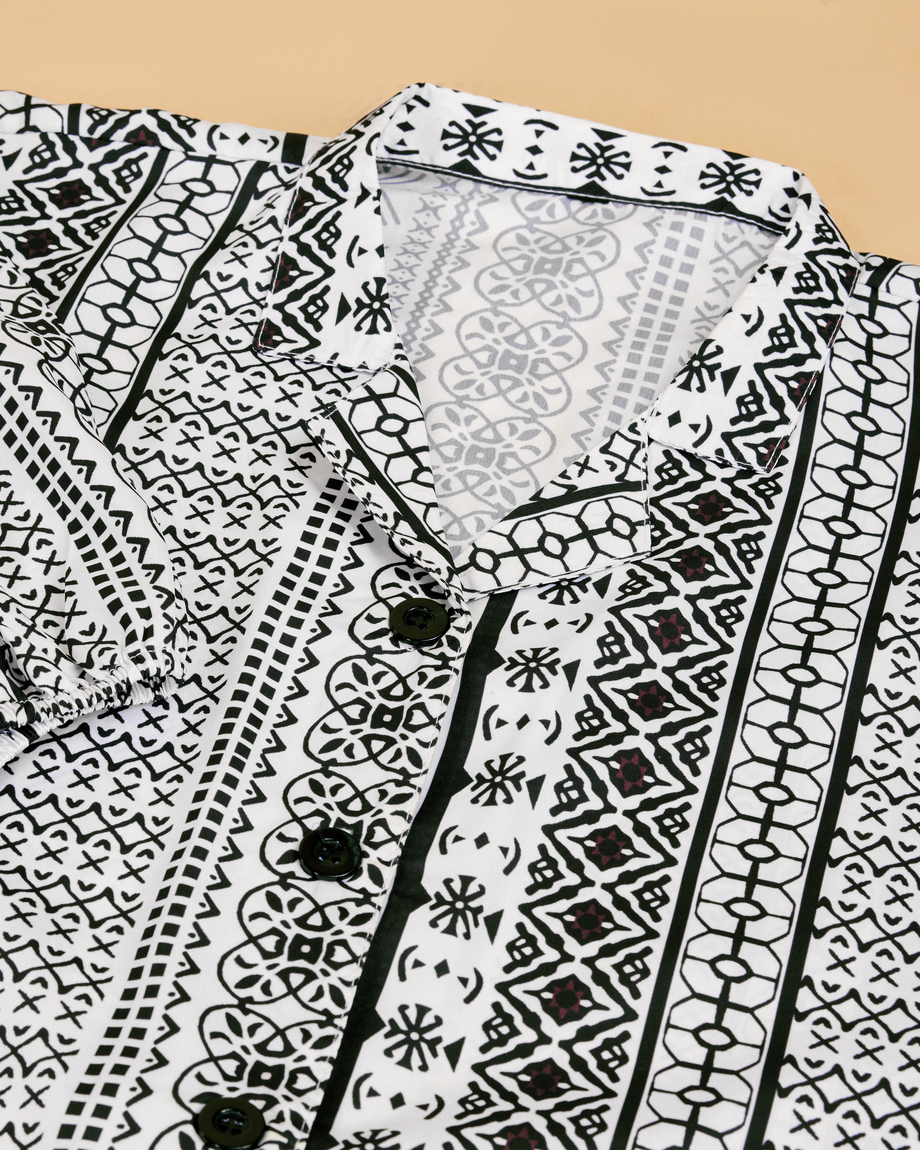 Women White Ethnic Print Puff Sleeve Button-Down Top